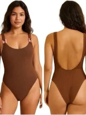 New aerie Brown Ribbed One-Piece Swimsuit cheekiest upf 50 summer crinkle